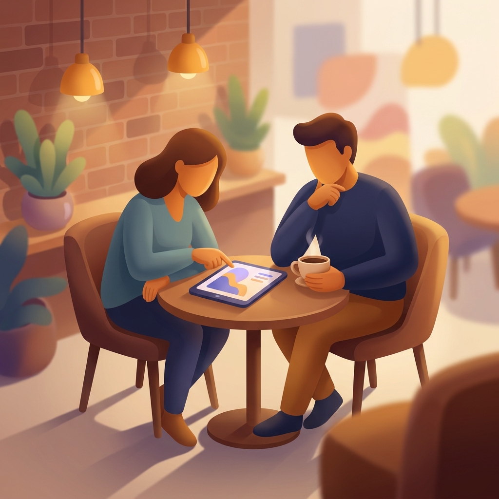 Two people reviewing screen time dashboard together at coffee shop accountability partner support session