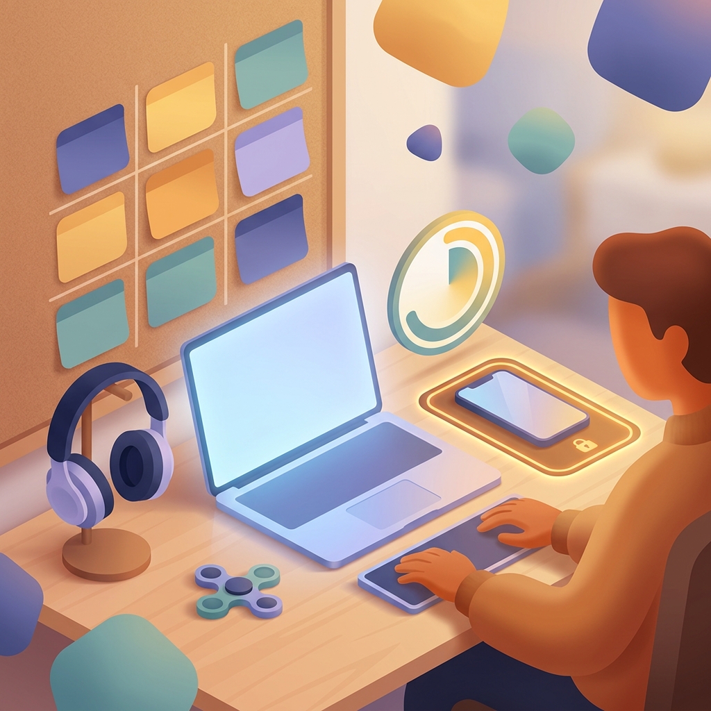 Focused study desk with ADHD-friendly app blocking active and timer visible