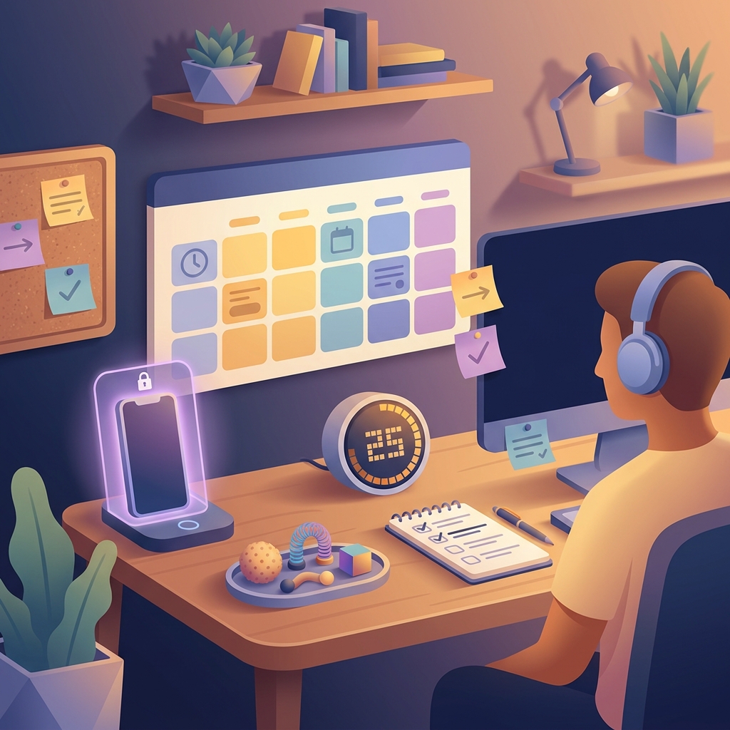 ADHD-friendly workspace with structured app blocking and visual focus cues