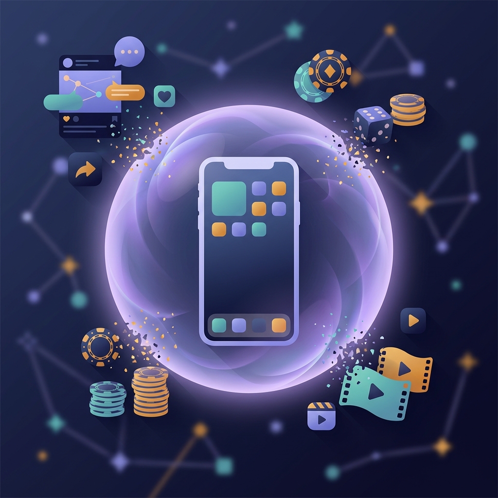 Smartphone protected by glowing energy shield blocking gambling and social media app icons simultaneously