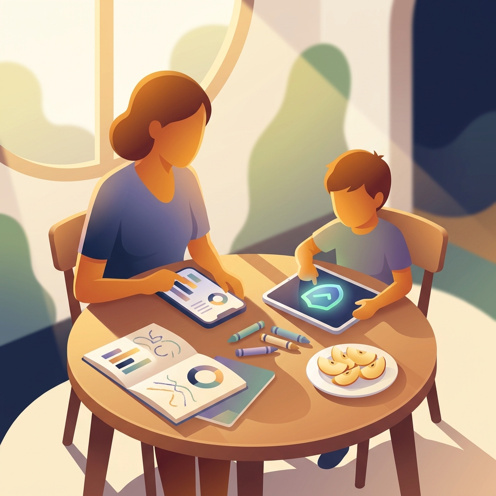 Parent and child with phone showing parental control dashboard and safety features
