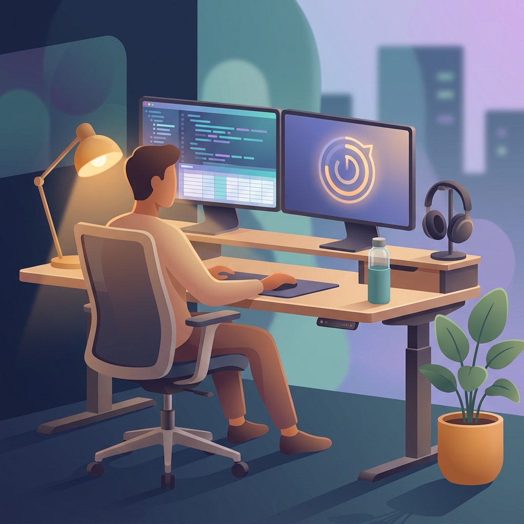 Professional desk setup with website blocker active during focused productive work session