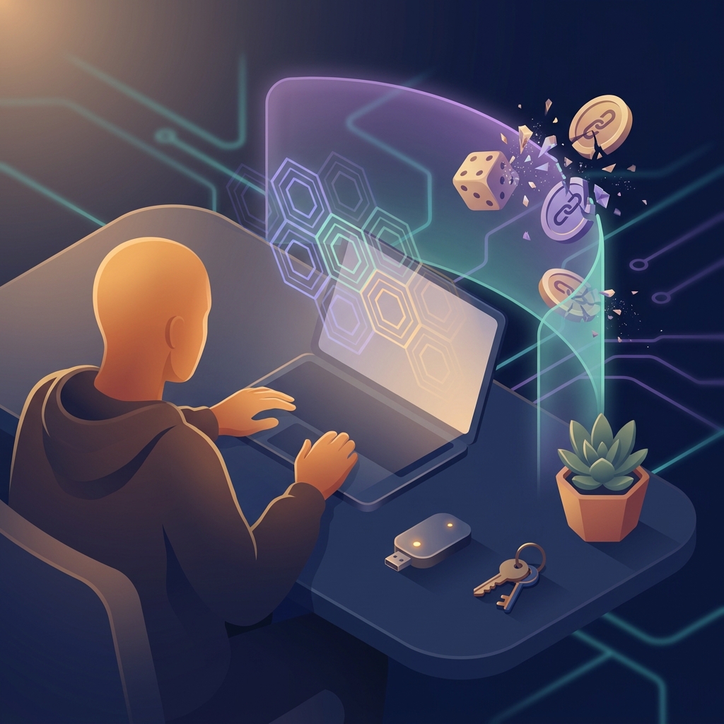 Laptop with crypto casino sites blocked by a digital firewall with hardware wallet on desk for safe finance