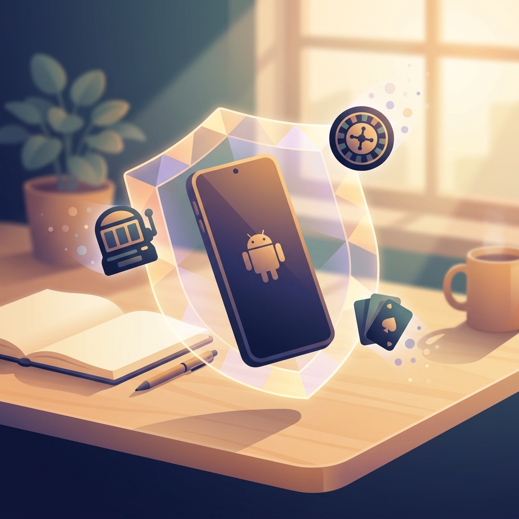 Android phone protected by a glowing shield blocking gambling and betting app icons