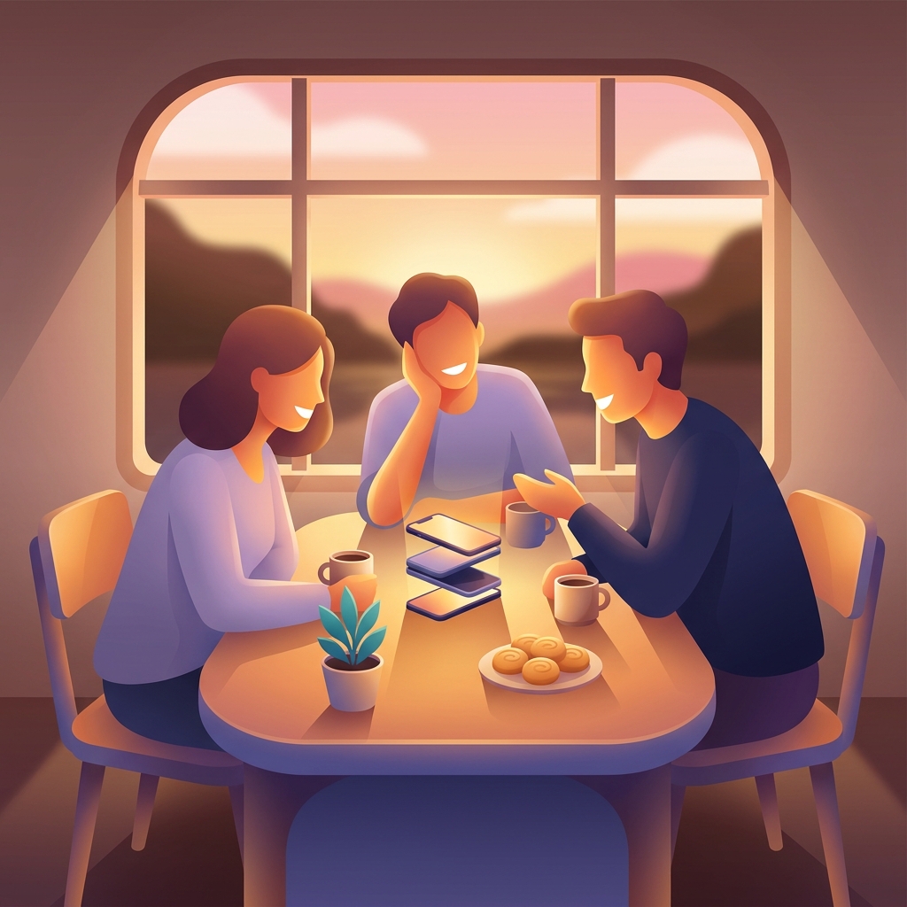 Friends laughing together at cafe with phones stacked face-down choosing real connection over Instagram Reels