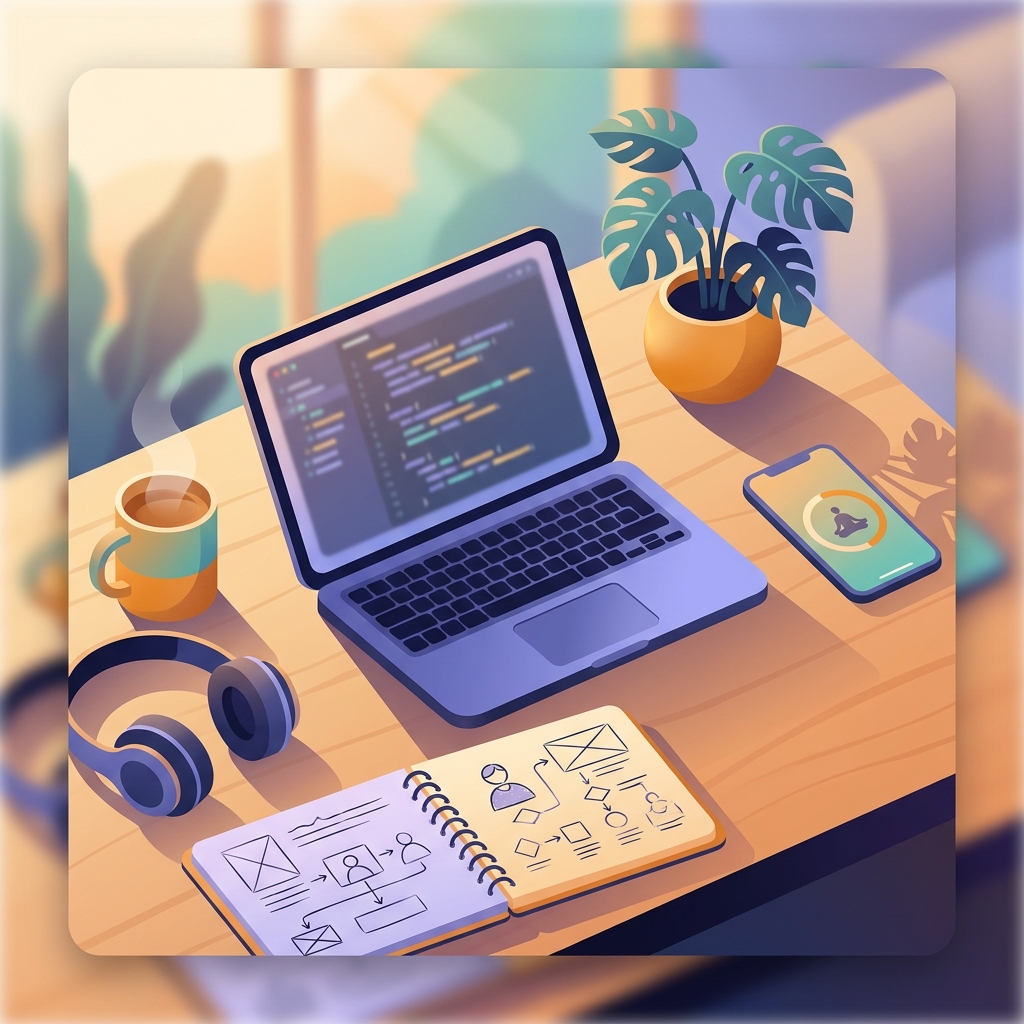 Productive desk setup with TikTok blocked during work hours laptop and focus mode phone visible