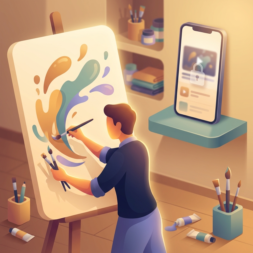 Artist painting on canvas with YouTube Shorts blocked on phone in background choosing creativity over scrolling