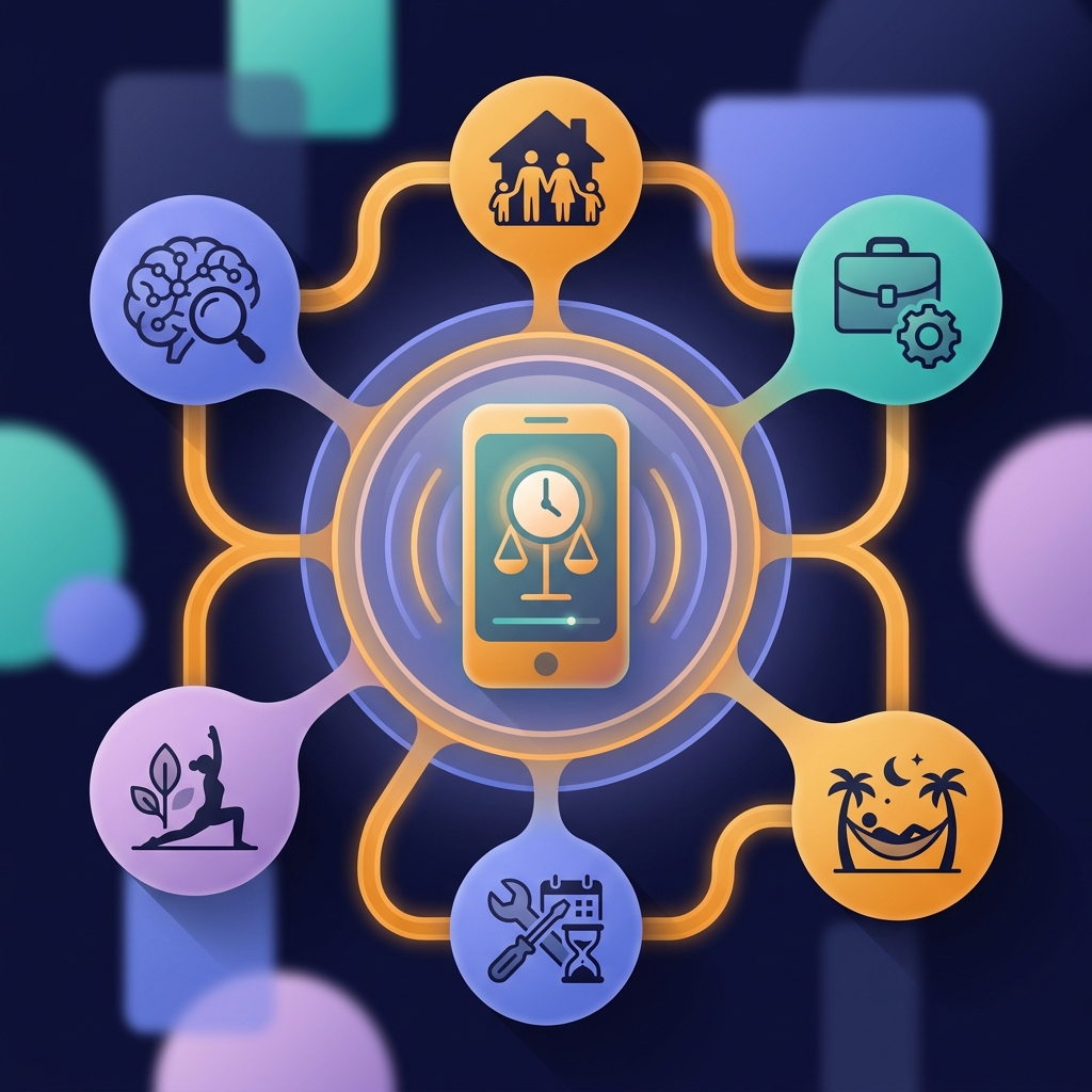 Comprehensive screen time reduction hub with connected topics and action paths