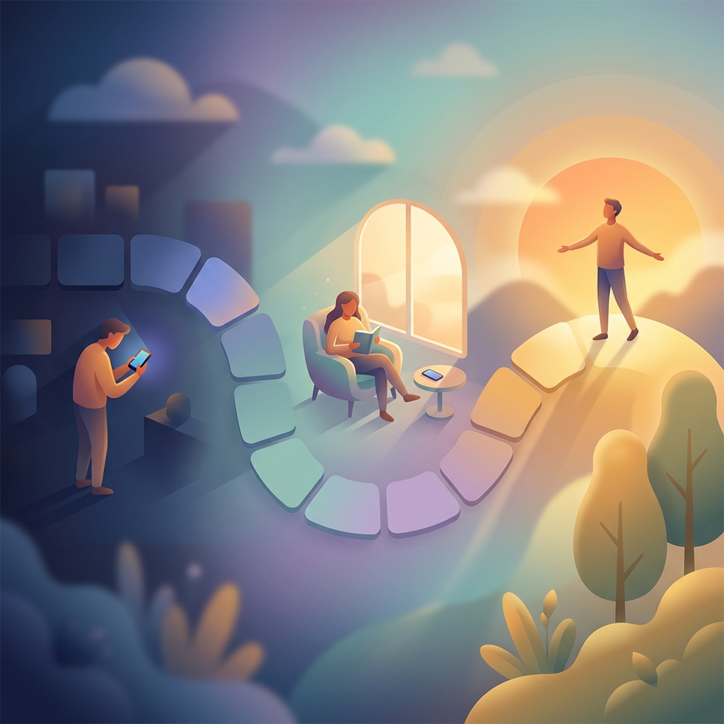 7-day journey from screen-heavy to nature-connected lifestyle visual timeline
