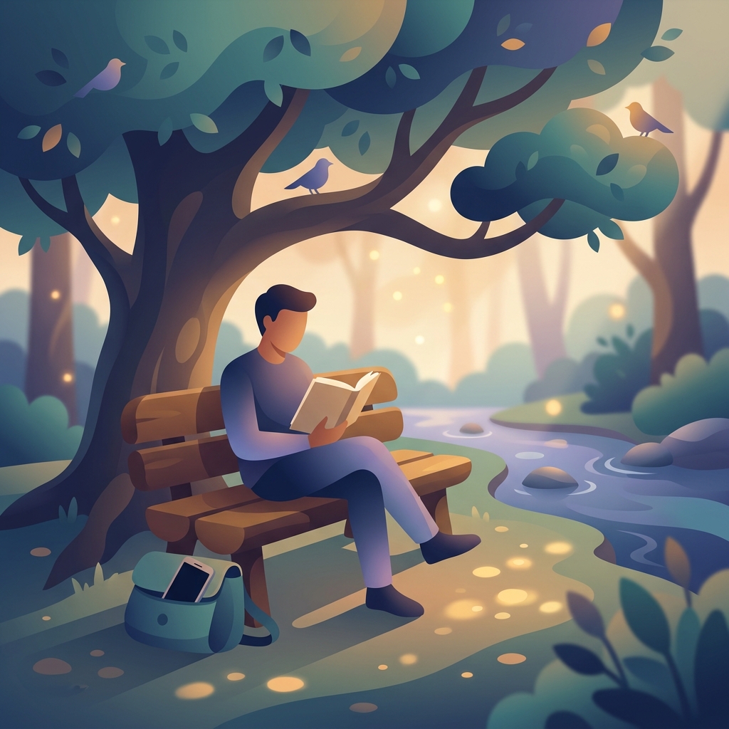 Person reading a book on forest bench with phone stored away natural dopamine reset through outdoor activity