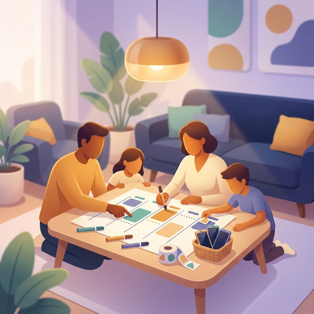 Family creating digital wellness plan together with devices rules and offline activities