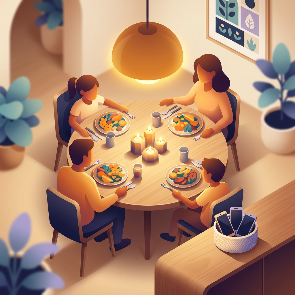 Family dinner table with phones stored in basket creating a phone-free zone for quality family time