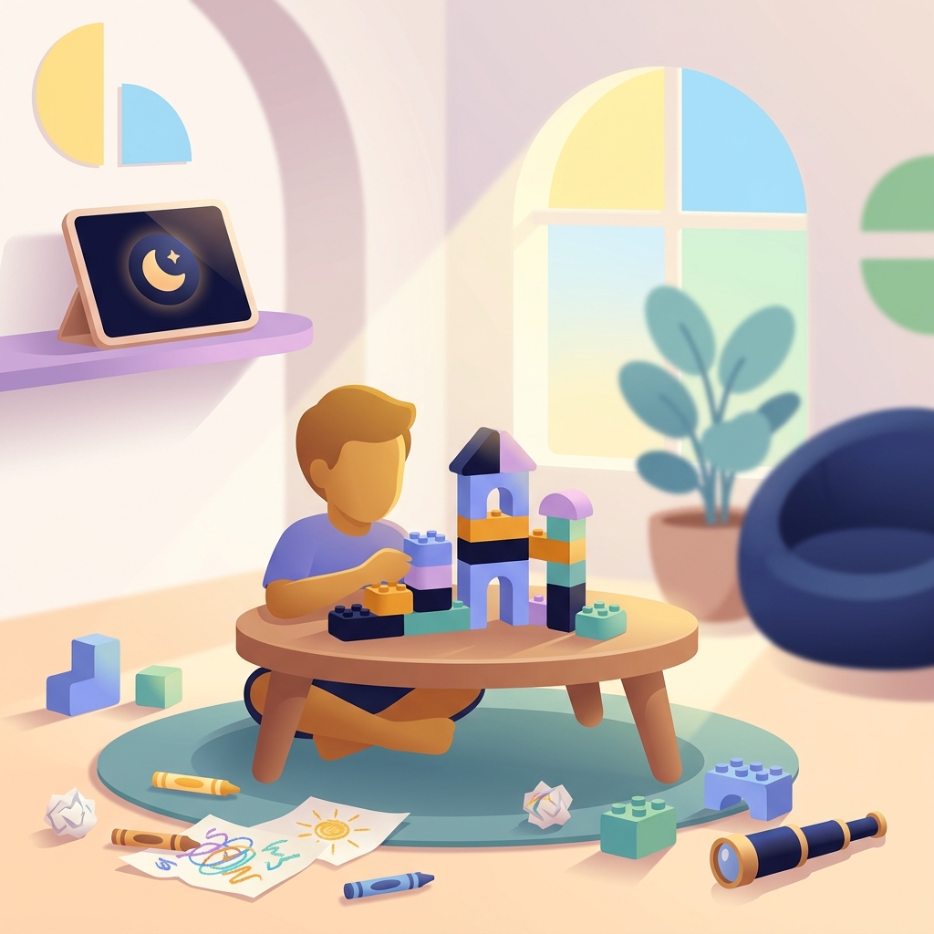 Child building LEGO castle in bright room while tablet rests on shelf with screen time limits active