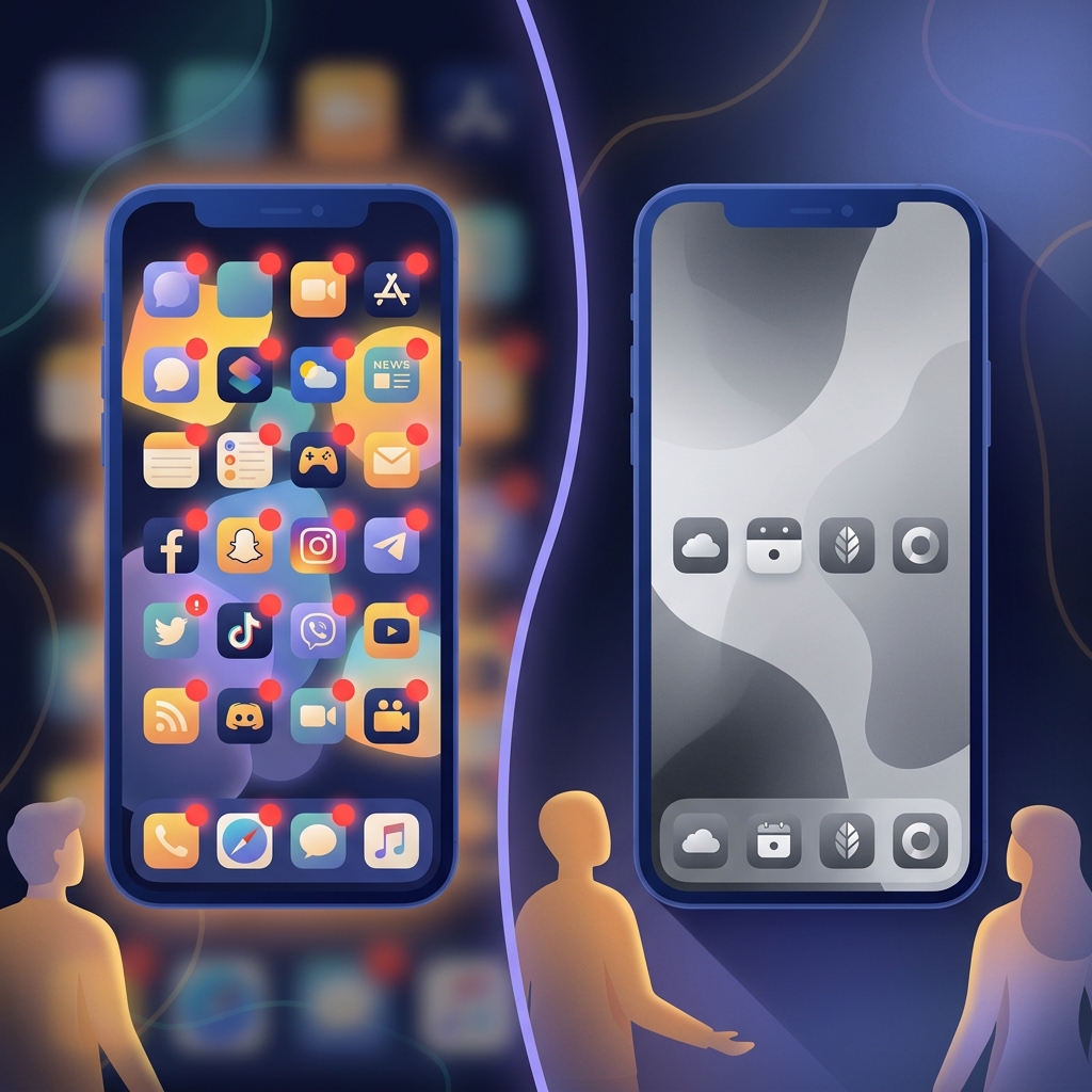 Before and after phone home screen transformation from cluttered addictive apps to minimal intentional setup