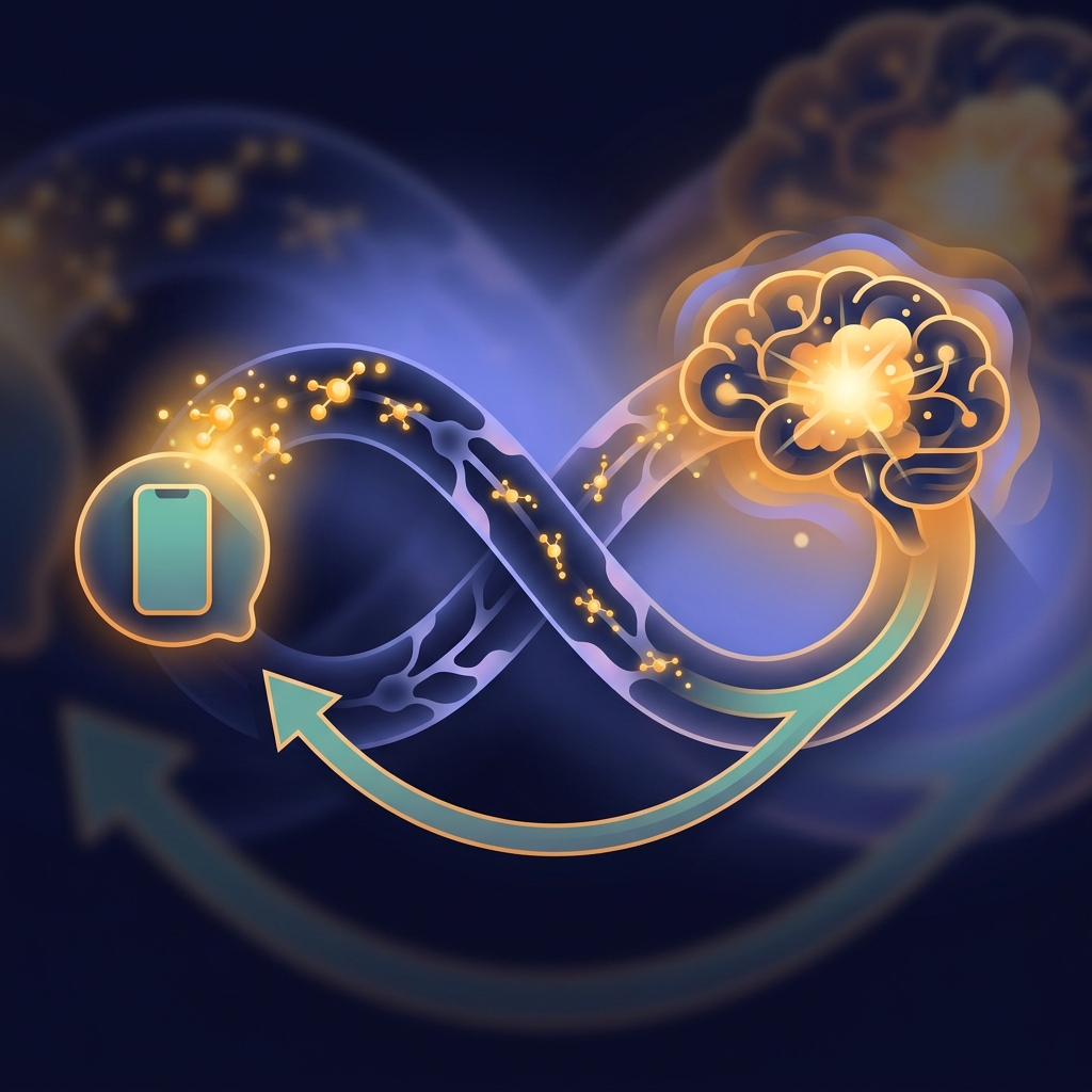 Scientific illustration of dopamine reward pathway with phone notification triggers