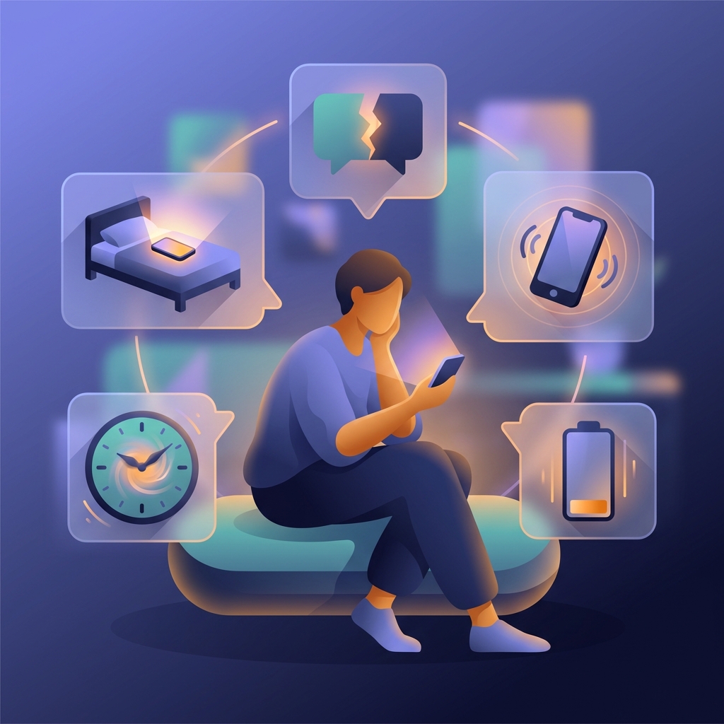 Person recognizing phone addiction signs with checklist of behavioral warning indicators