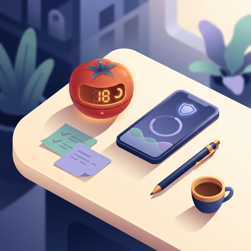 Pomodoro timer beside phone with apps automatically blocked during focus session