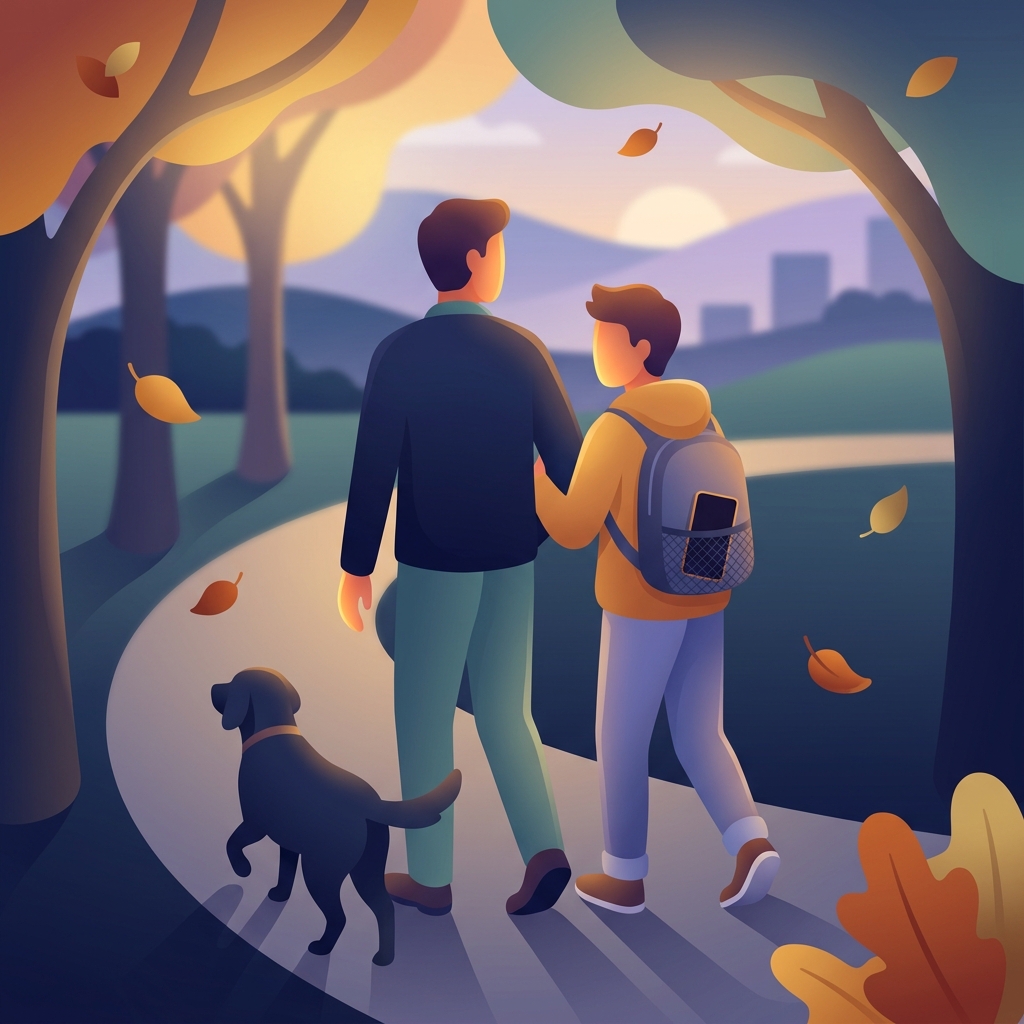Parent and teenager walking together in autumn park with phone safely stored away showing family connection