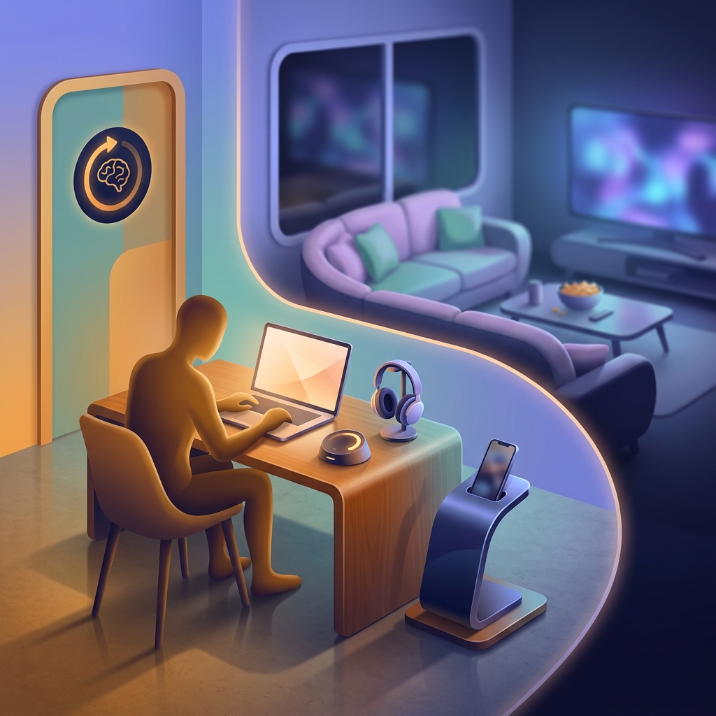 Home office optimized for focus with distractions blocked and productive setup visible