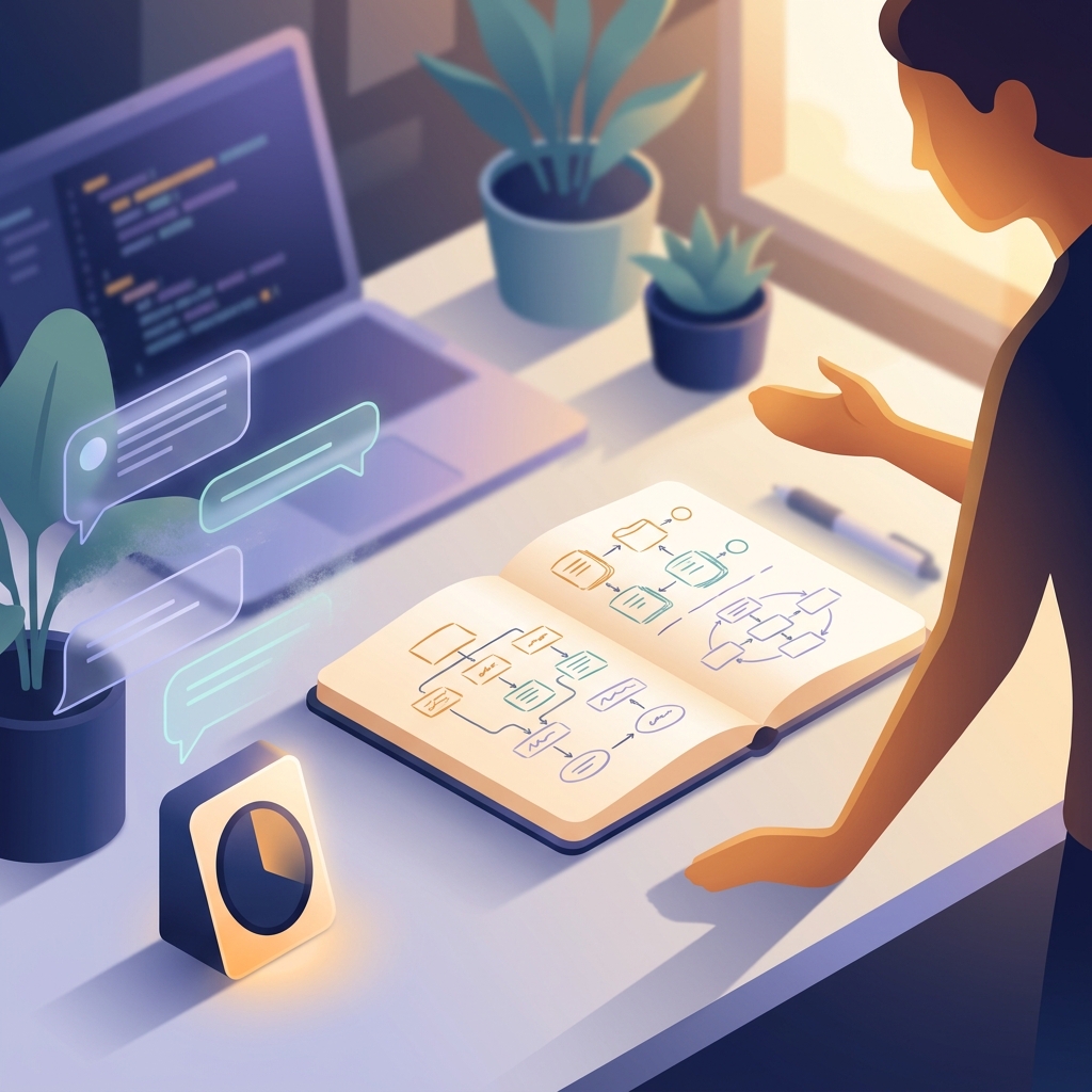 Developer workspace with AI tools fading away during deep work session focusing on original thinking with physical notebook