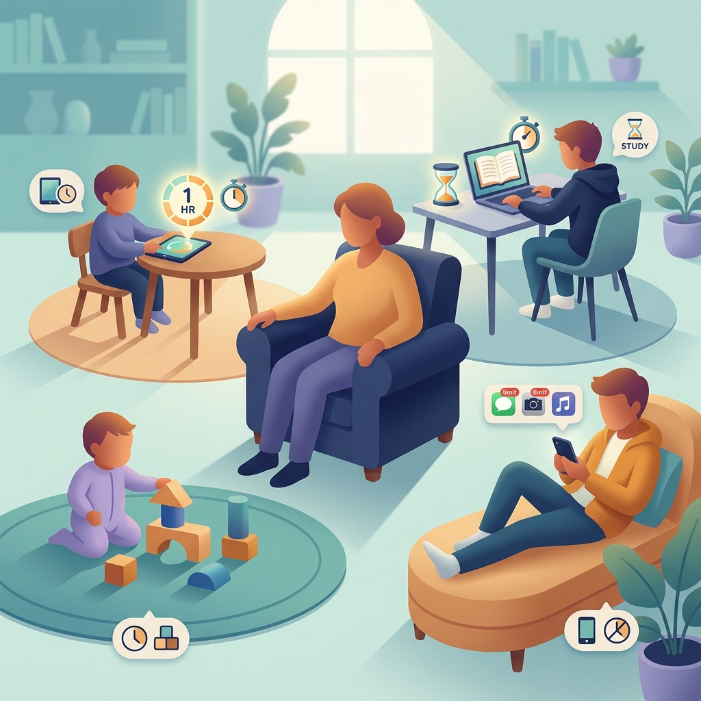 Family with children of different ages each with age-appropriate screen time guidelines