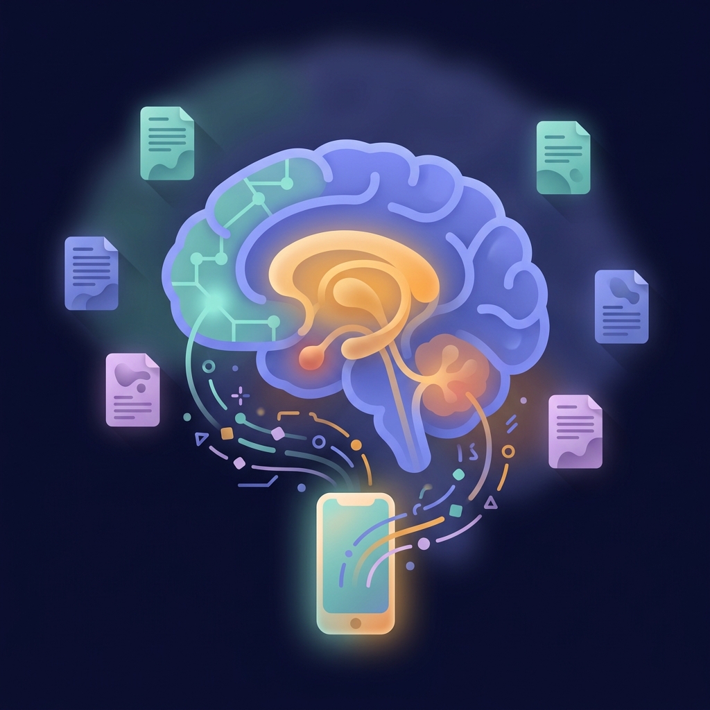 Brain illustration showing research findings on screen time effects and mental health pathways