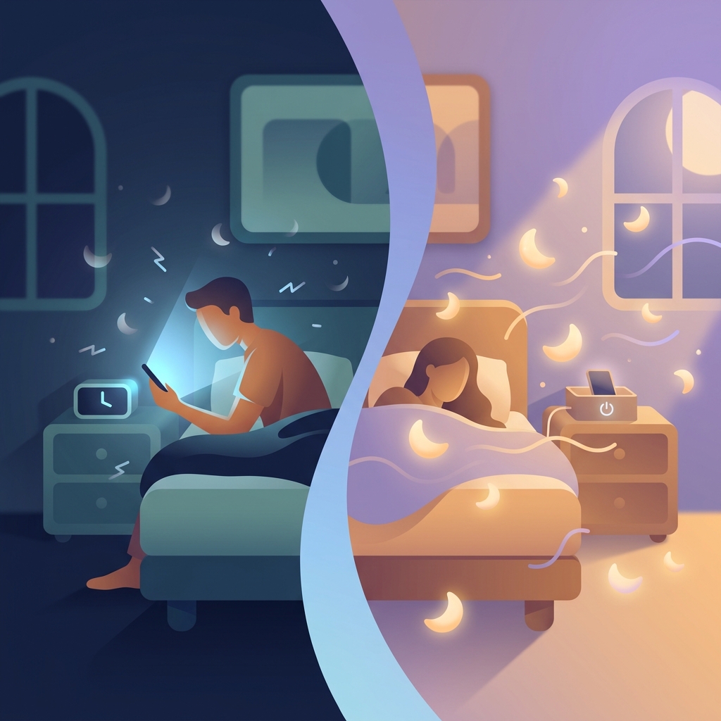 Peaceful bedroom showing transition from screen-lit to restful sleep environment