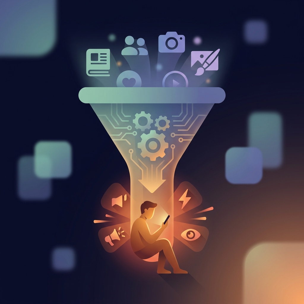 Visual showing social media algorithm funneling attention through engagement manipulation