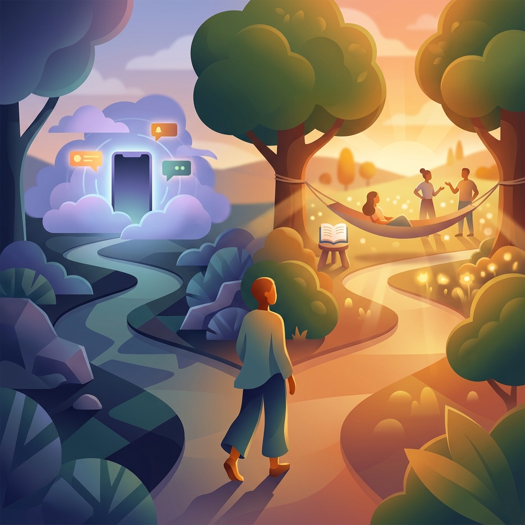 Person at crossroads choosing bright outdoor path over dark social media scrolling path relapse prevention