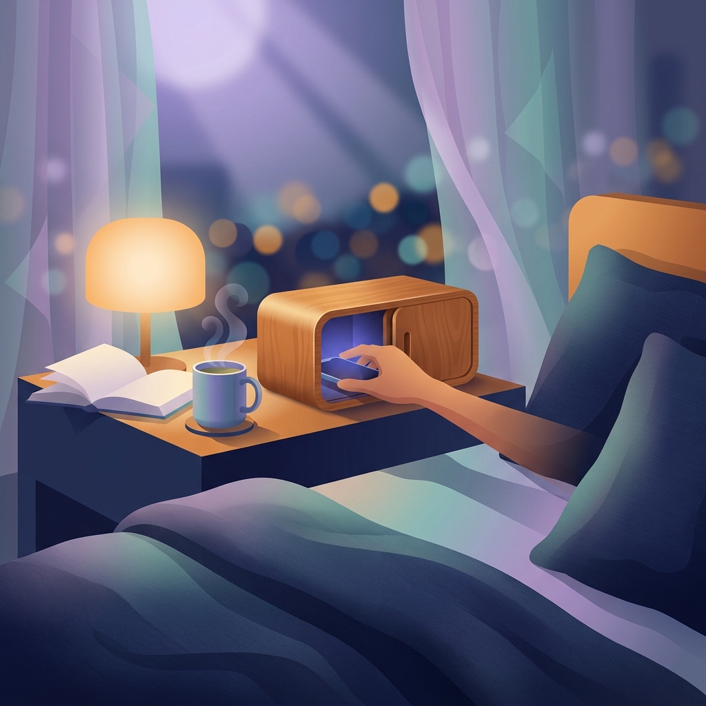 Phone placed in charging box on nightstand as part of healthy sleep routine to stop doomscrolling