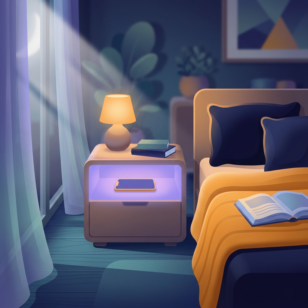 Peaceful bedroom at night with phone locked away in nightstand drawer promoting healthy sleep