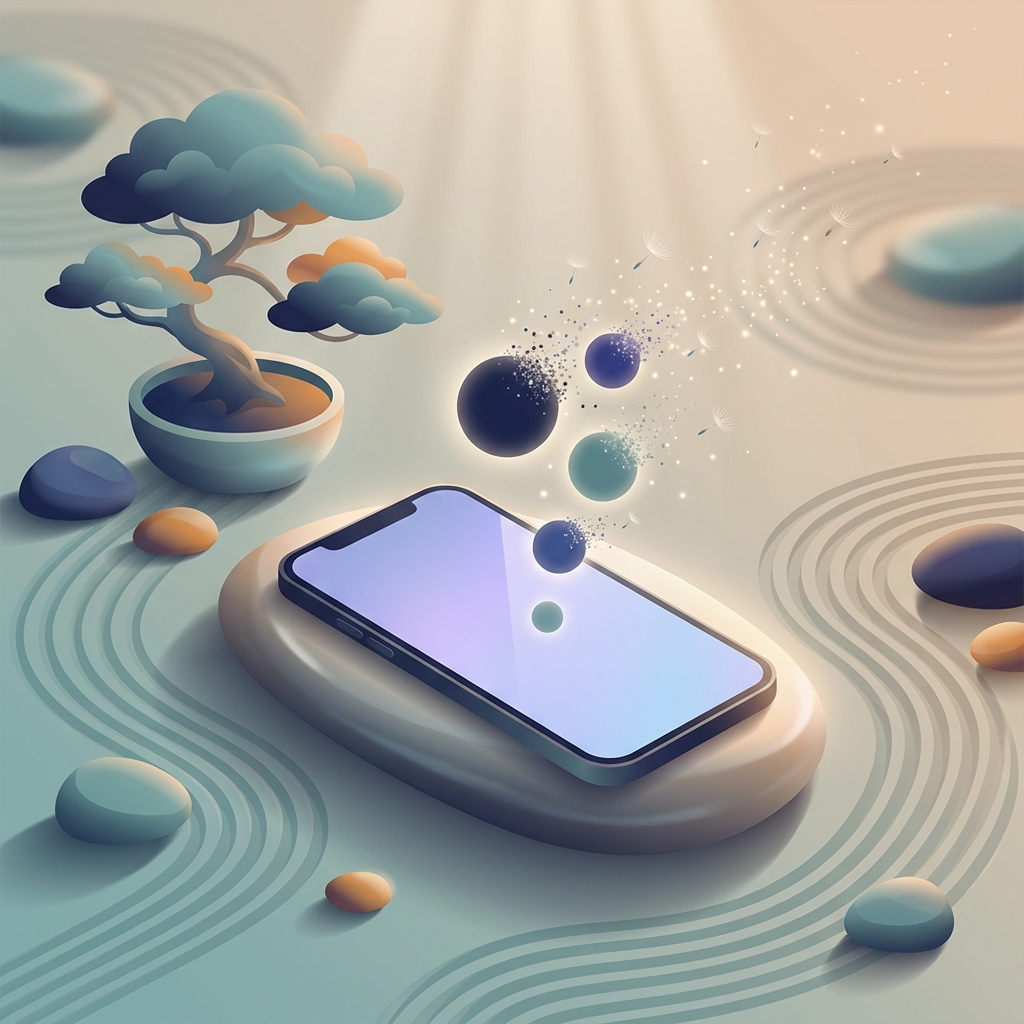 Phone resting on zen garden surface with notifications dissolving into peaceful particles digital silence