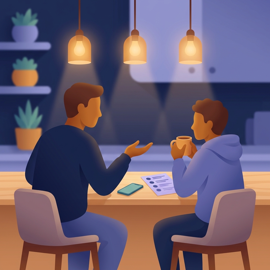 Parent and teenager discussing social media safety with phone boundaries visible